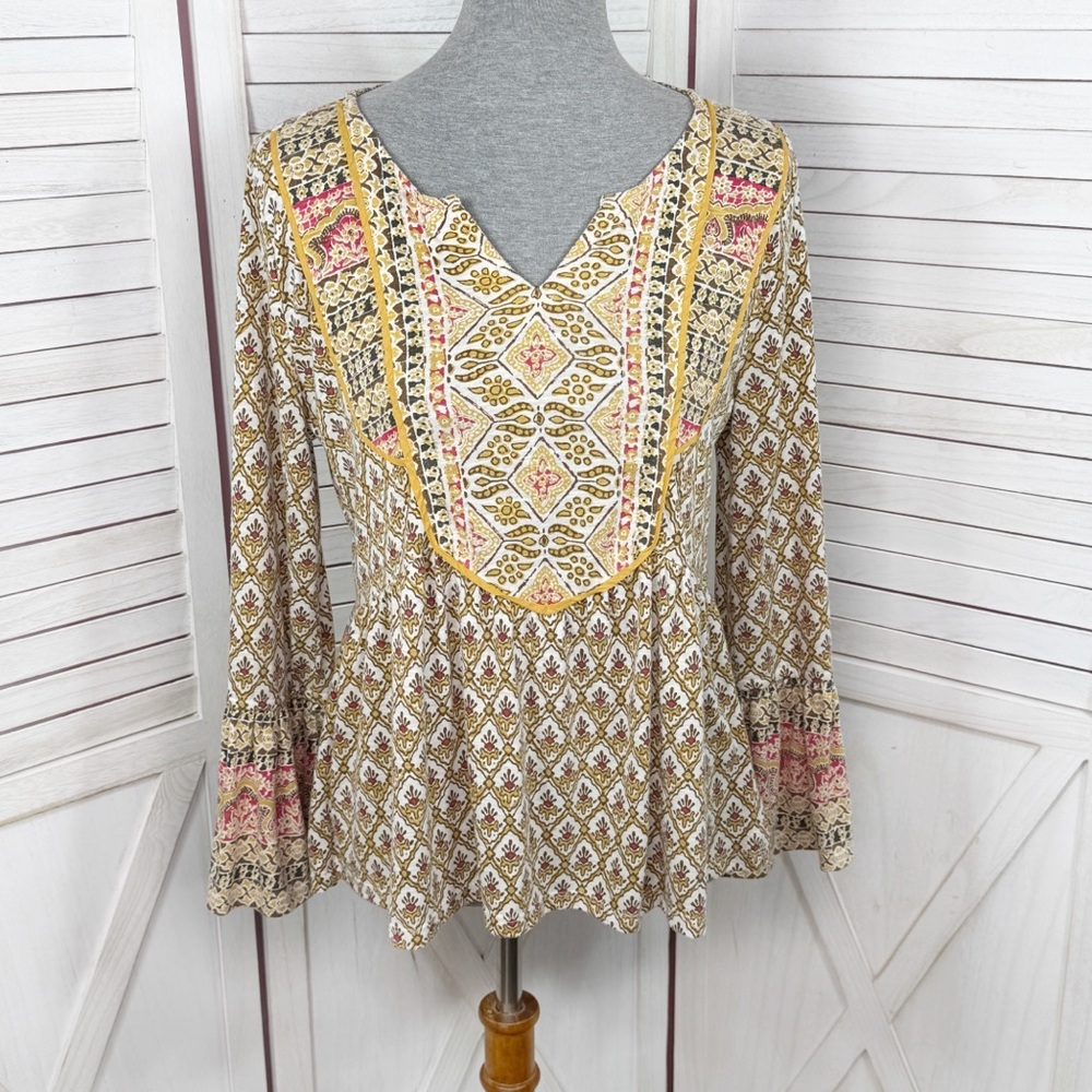 Style & Co‎ Printed Flared Hem Bell Sleeve V Neck Top Yellow Multi Small